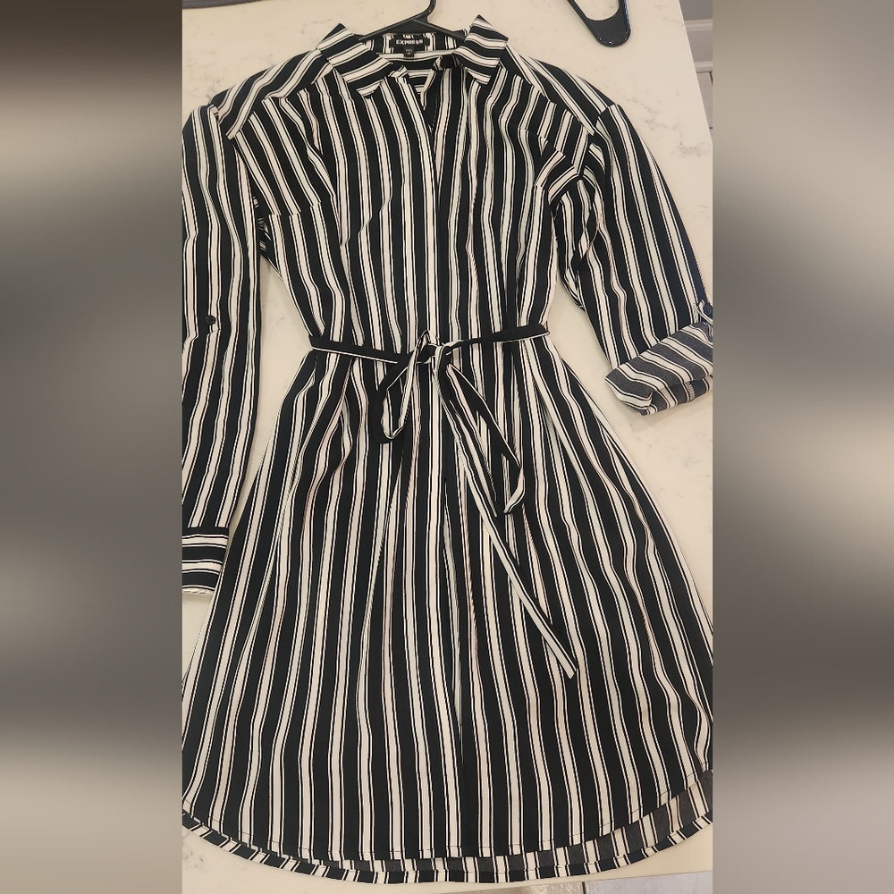 Express Black and White Striped Button Down Shirt Dress